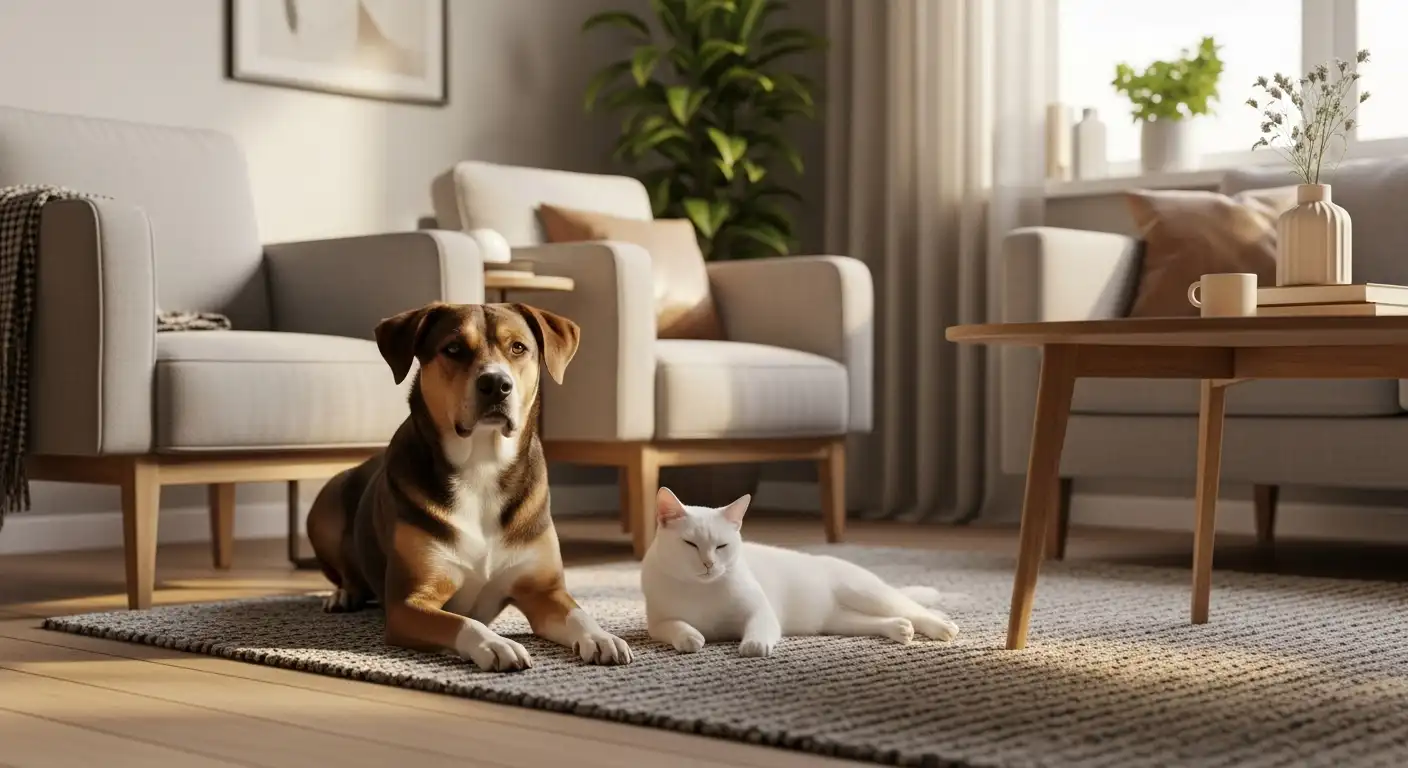Cachorro e gato juntos em ambiente acolhedor dentro de casa