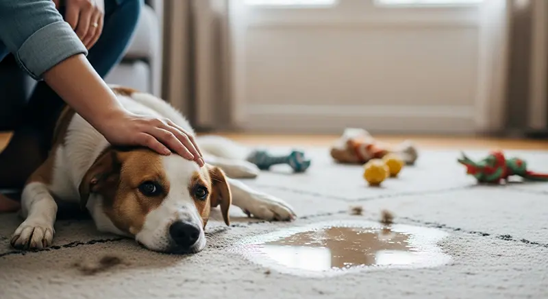 Pequena mancha de xixi em um tapete com uma mão acariciando um cachorro sorridente ao lado, simbolizando a aceitação de pequenos acidentes de pet.