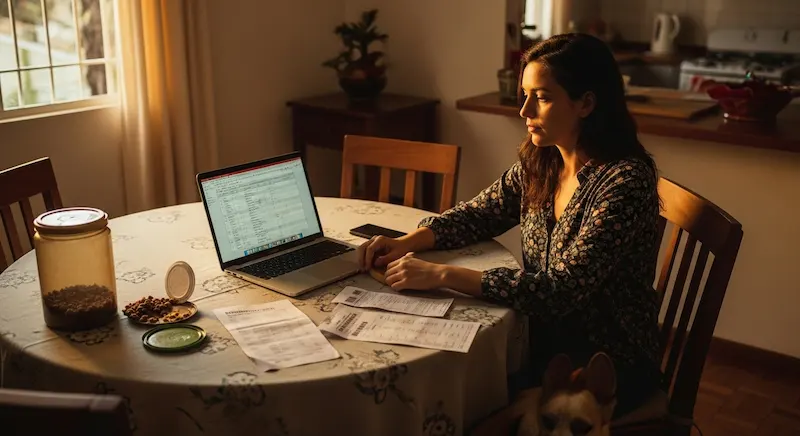 Tutora analisa planilha de gastos com pet em casa, ao lado de contas e pote de ração quase vazio, enquanto seu cachorro dorme aos seus pés.