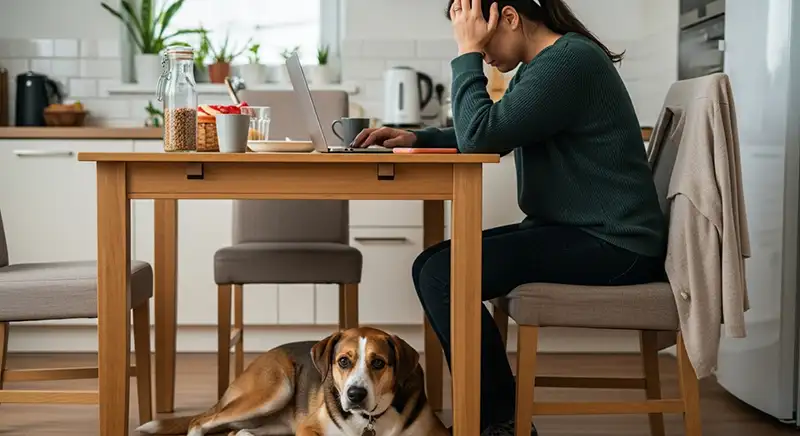 Pessoa estressada trabalhando no laptop, com seu cachorro olhando para ela com expressão de cansaço, ilustrando a falta de tempo para o pet.