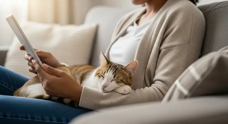 Pessoa lendo calmamente no sofá com um gato dormindo no colo, representando a harmoniosa adaptação da rotina com um pet.
