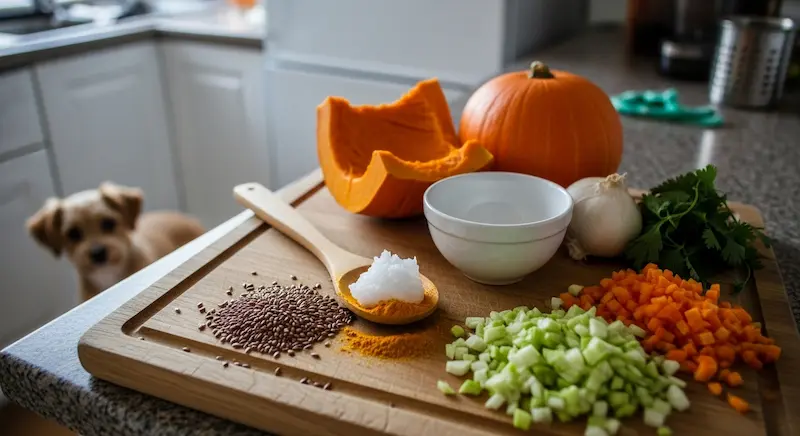 Tábua de cozinha com ingredientes funcionais para pets como abóbora, cúrcuma, linhaça e óleo de coco, com cachorro observando ao fundo.