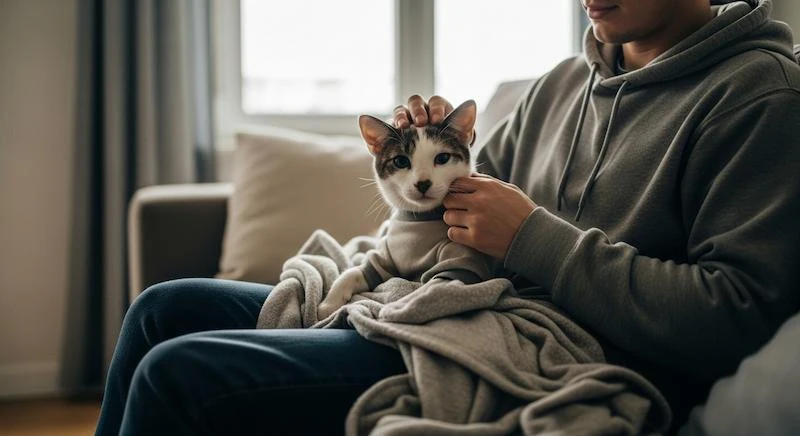 Tutor e seu gato sentados no sofá em um dia frio. O gato esta com roupinha de pet e esta enrolado em um cobertor
