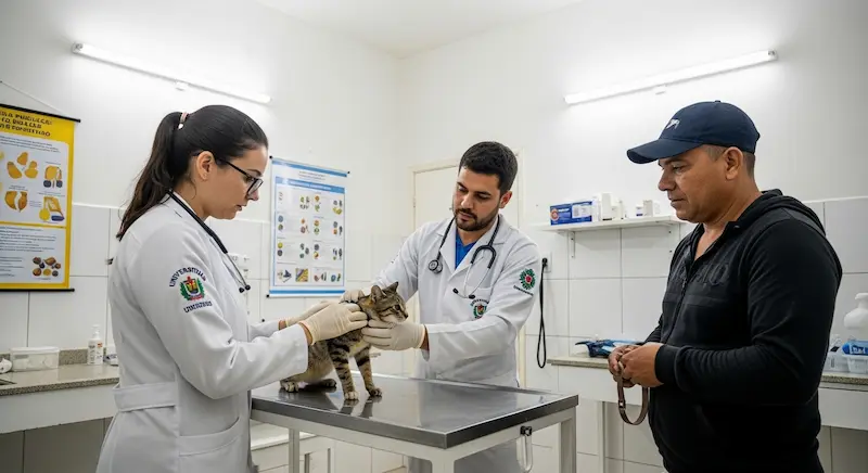 Estudante de veterinária atende cachorro em hospital universitário público sob supervisão, com tutor observando a consulta em ambiente simples.