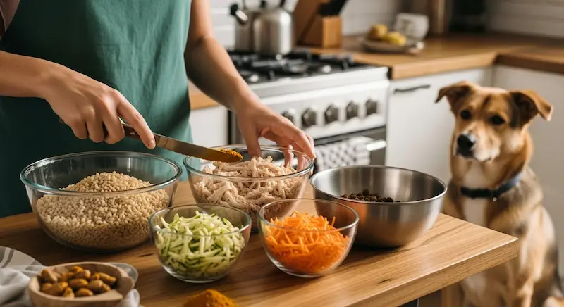 Tutora brasileira prepara comida natural para seu cachorro em uma cozinha iluminada, com ingredientes frescos e coloridos em potes