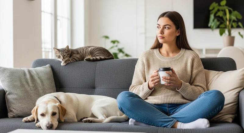 mulher sentada no sofá com xícara na mão olhando pensativa ao horizonte, ao seu lado um cachorro deitado e um gato na parte alta do sofá, ambos tranquilos e quietos.