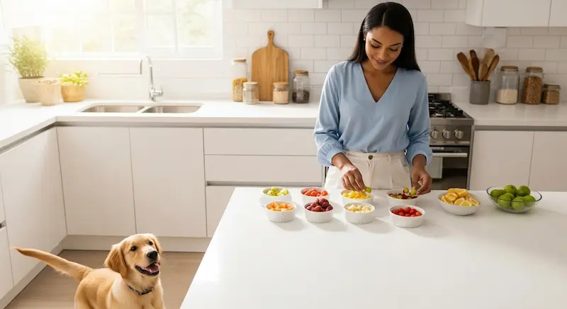 Tutora organizando frutas cortadas separadamente enquanto seu cachorro está ao lado da mesa olhando atentamente