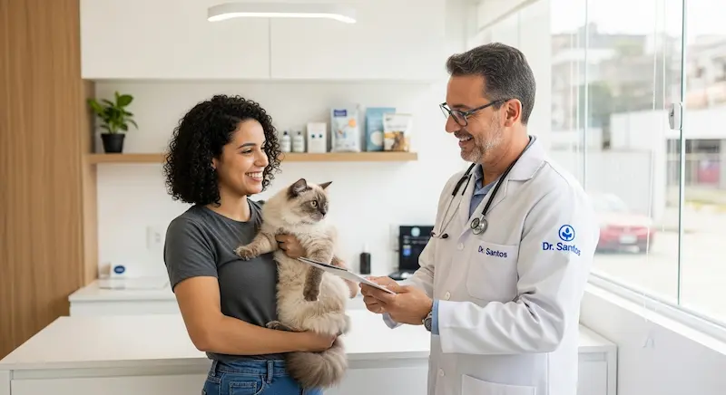 Veterinário apresenta plano alimentar personalizado para tutora com gato no colo, em um consultório bem iluminado e acolhedor.