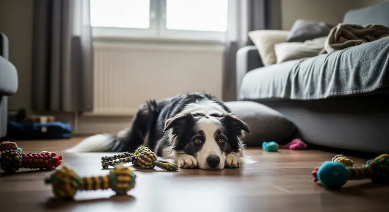 Border Collie entediado cercado por brinquedos em sala de casa.