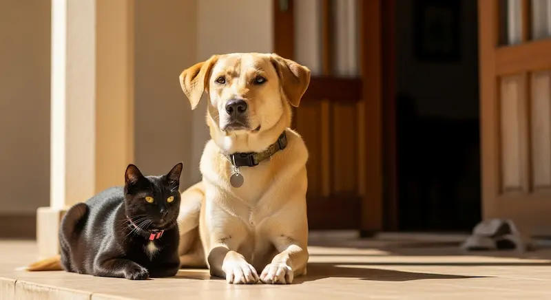 Cachorro e gato em varanda brasileira com coleiras antipulgas, simbolizando proteção contra pulgas e carrapatos.