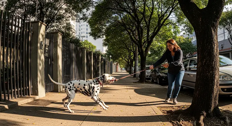 Dálmata puxando tutor com força durante passeio em rua de bairro.