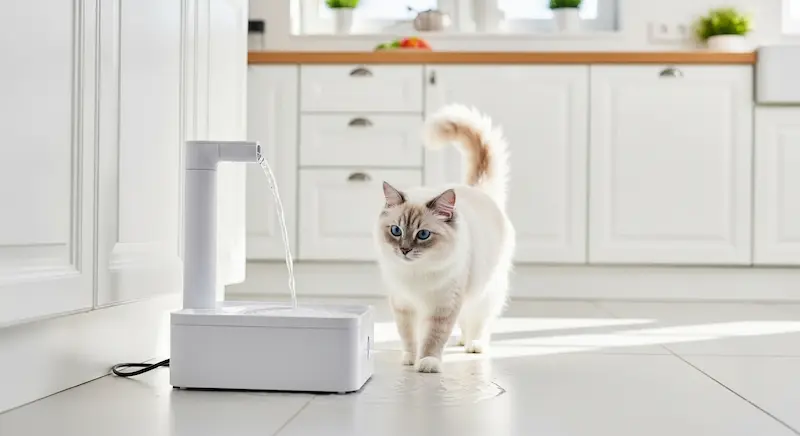 Gato bebendo água em fonte própria em uma cozinha iluminada.