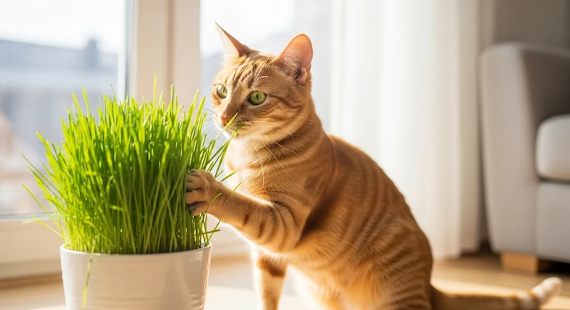 Gato brincando com grama segura para felinos