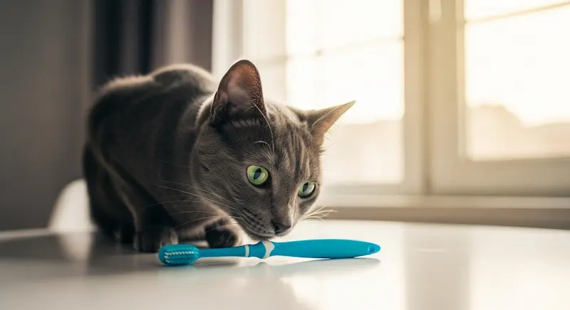 Gato doméstico observando escova de dente pet com interesse