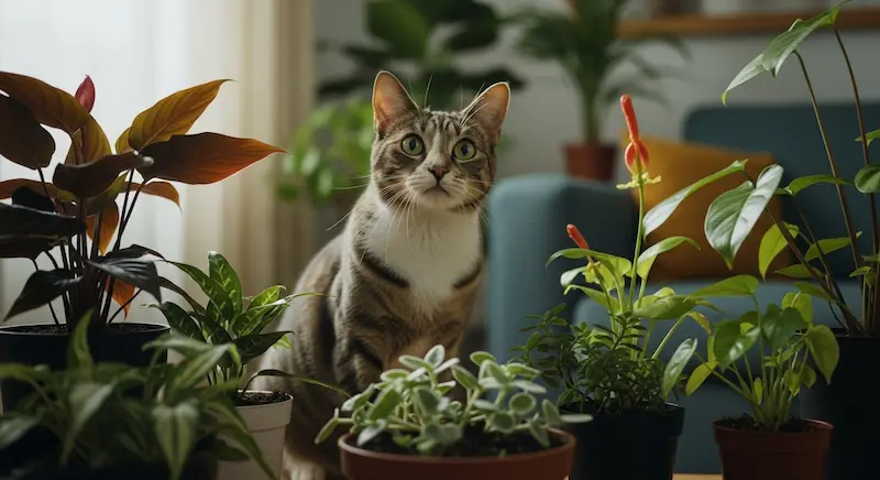 Gato doméstico observando plantas ornamentais em sala de estar