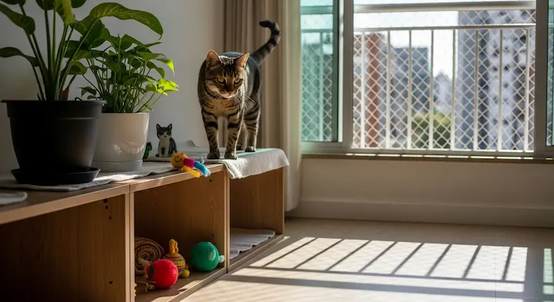 Gato caminha sobre estante em apartamento iluminado, com janela telada e brinquedos ao redor.