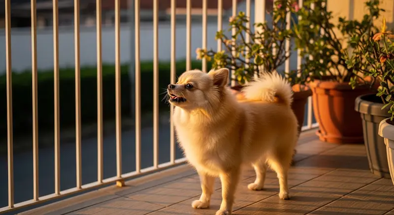 Lulu da Pomerânia latindo na varanda