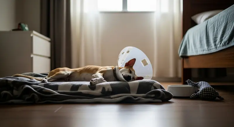 Pet em repouso com colar elizabetano após castração, ambiente confortável e iluminado.