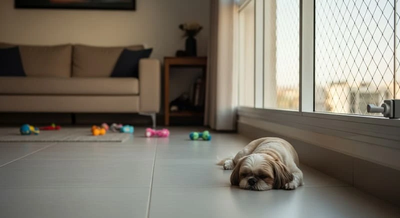 Cachorro de pequeno porte descansa em varanda de apartamento com tela, rodeado por brinquedos e ambiente tranquilo.