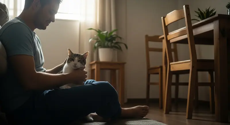 Tutor abraçando seu pet em casa, com luz do pôr do sol e clima de cuidado e confiança.