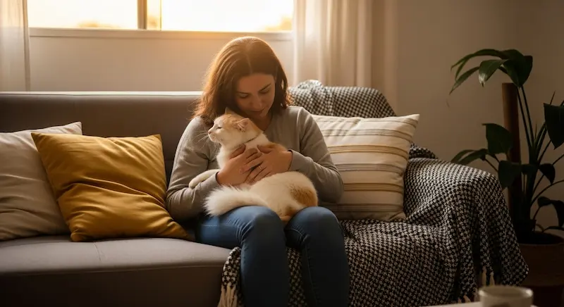 Tutor no sofá com pet no colo após castração, cena com luz suave e clima acolhedor.