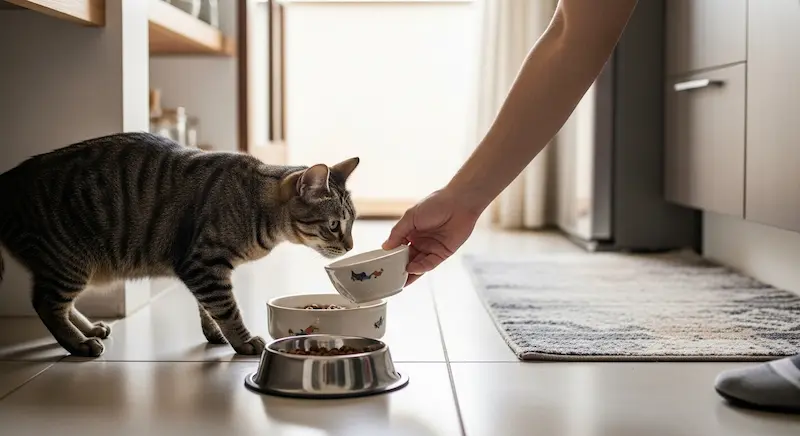 Tutor alimentando o pet com ração ou comida natural, cena cotidiana e iluminada.