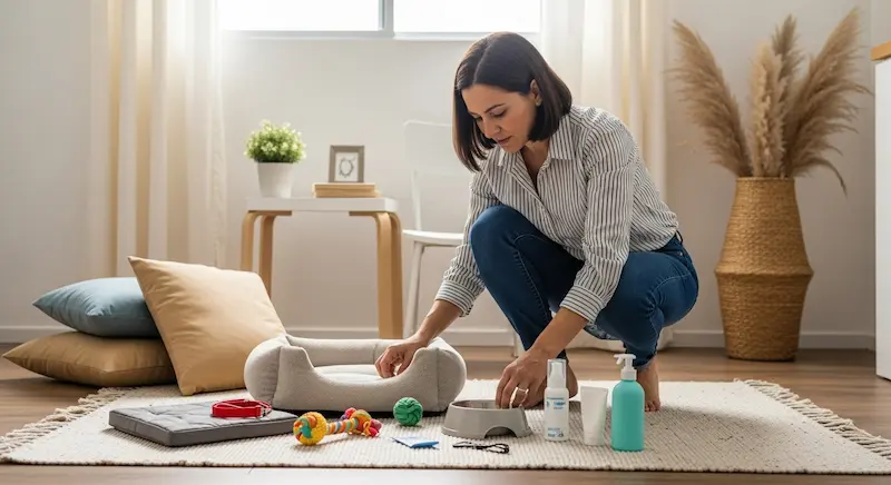 Alt text: Tutor organizando itens do novo pet no chão da sala, com luz suave