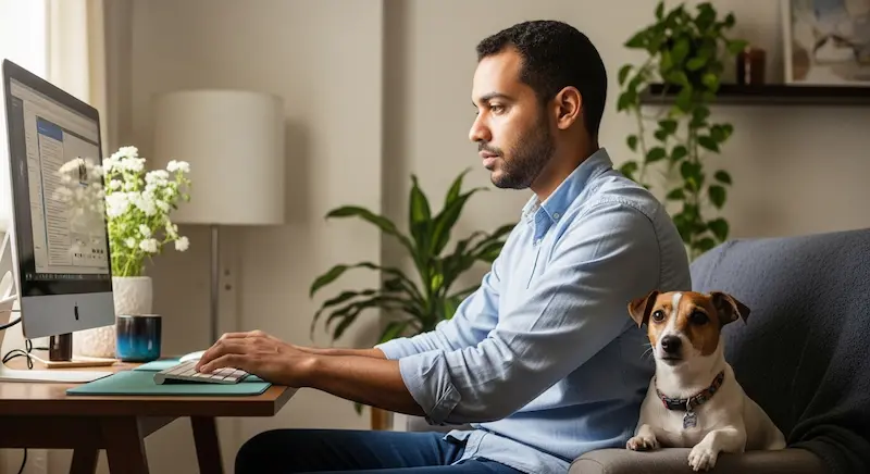 Tutor preenchendo o cadastro do RG Pet com seu cachorro ao lado, em casa.