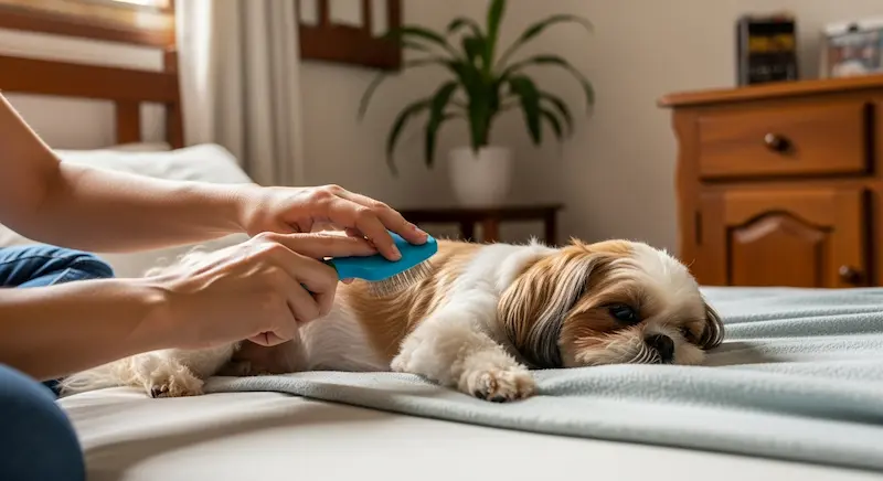 Tutor escovando um Shih-tzu deitado calmamente na cama, ambiente iluminado.