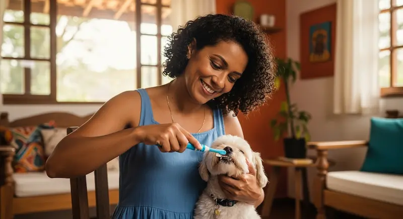 Tutor escovando os dentes de um cão pequeno com escova própria para pets