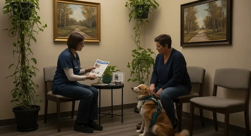 Veterinária explicando mitos da castração com folheto em sala de espera