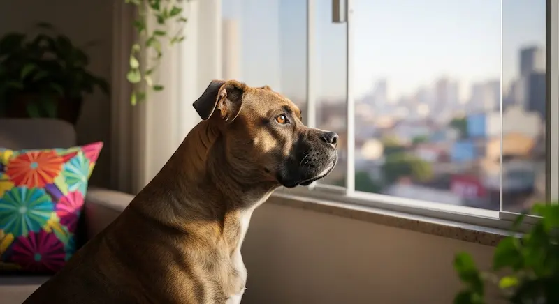Cachorro sozinho olhando pela janela em um apartamento.