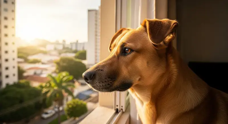 Cachorro sozinho olhando pela janela em um apartamento iluminado.