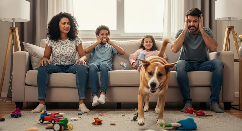 Cachorro grande corre agitado pela sala, enquanto família observa com expressão de cansaço e bagunça ao redor