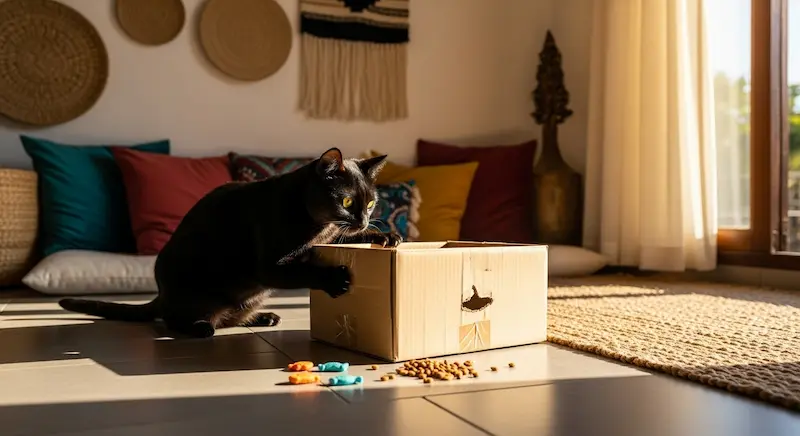 Cachorro sozinho olhando pela janela em um apartamento iluminado.