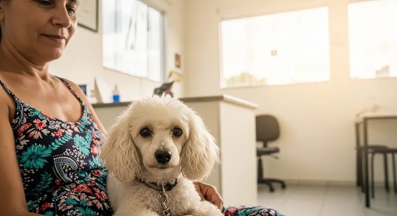 Poodle com sua tutora em consulta veterinaria.