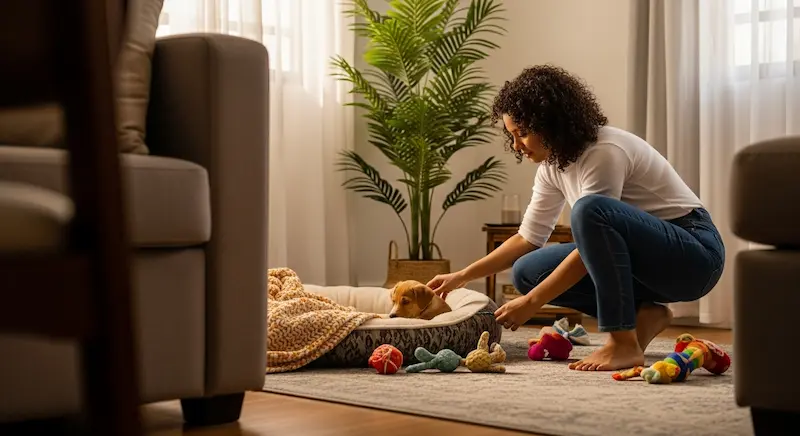 Cena realista de tutor preparando o cantinho do pet em casa iluminada pelo sol.