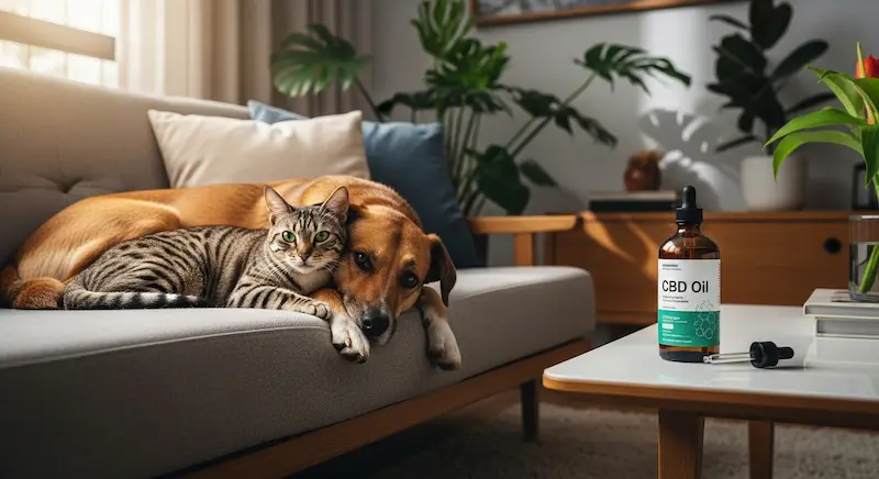 Cachorro e gato observam frasco de óleo de CBD em ambiente doméstico, transmitindo cuidado e segurança.