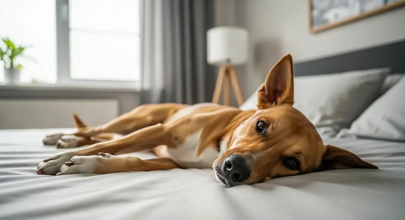 Cachorro relaxado em casa, representando efeito terapêutico do CBD.