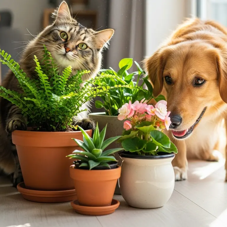 Cão e gato próximos a vasos de plantas em casa, ilustrando cuidado com plantas tóxicas.