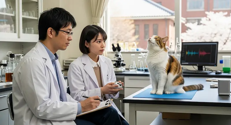 Cientistas japoneses testando reação de gato a sons em laboratório.