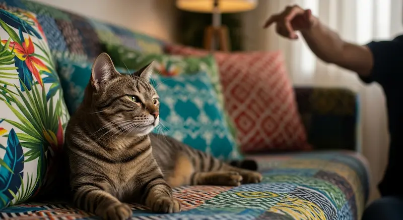 Gato deitado no sofá olhando com indiferença para o dono que o chama.