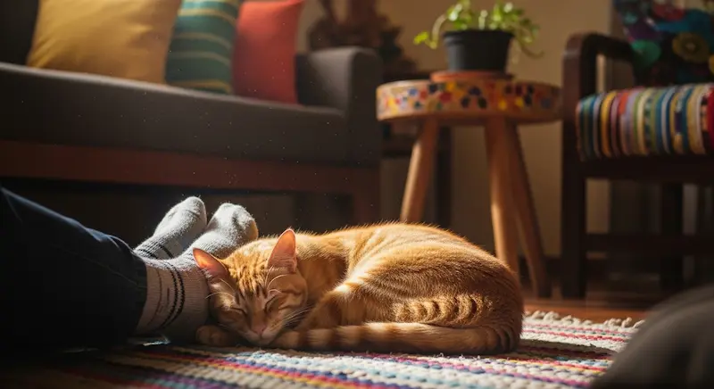 Gato dormindo nos pés do tutor como demonstração de carinho.