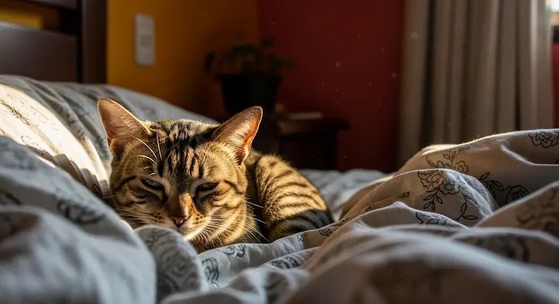 Gato encolhido no canto da cama com expressão tensa e desconfortável.