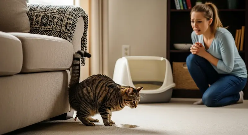 Gato fazendo xixi no canto da sala enquanto o tutor observa preocupado.