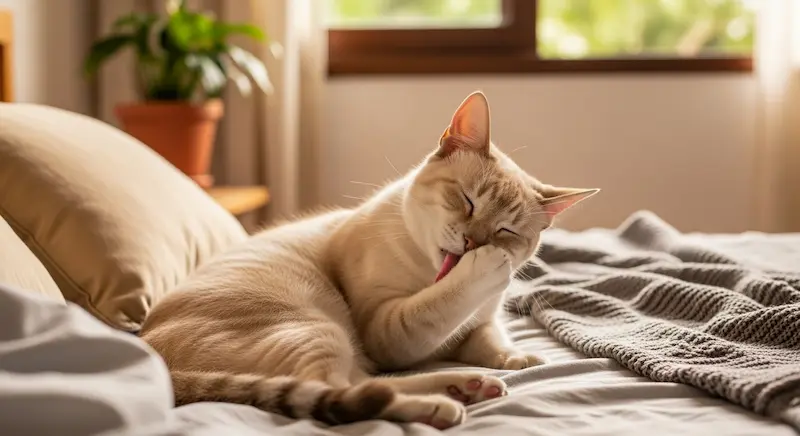 Gato se limpando sozinho em ambiente doméstico