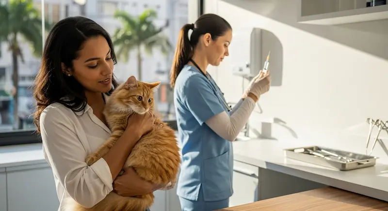 Gato sendo vacinado em consultório moderno.