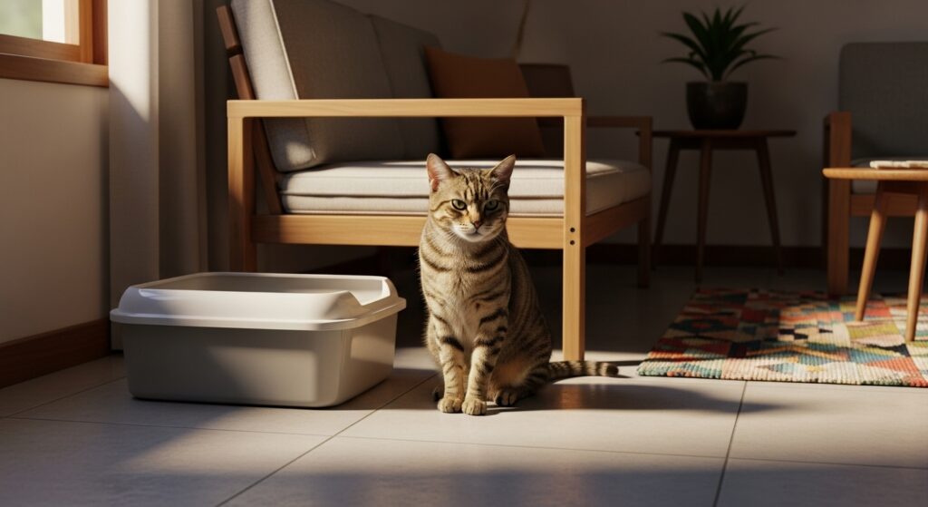 Gato sentado ao lado da caixa de areia, olhando com desconfiança, em uma sala iluminada.