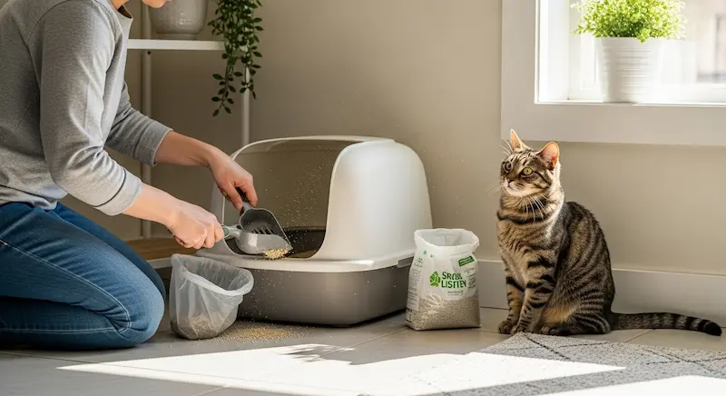 Tutor limpando a caixa de areia enquanto o gato observa.