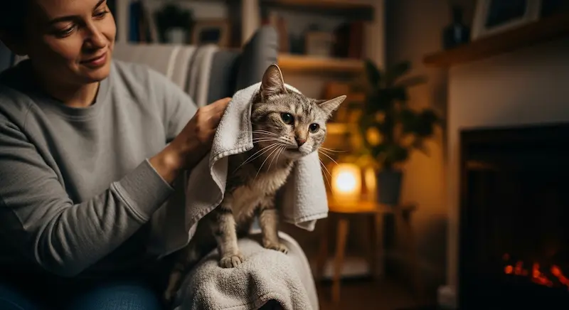 Tutor limpando cuidadosamente um gato idoso com toalha seca